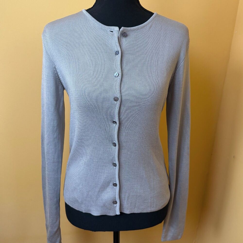Vtg J.Crew Women's S Gray 100% Silk Knit Button Front Crewneck Cardigan Sweater
